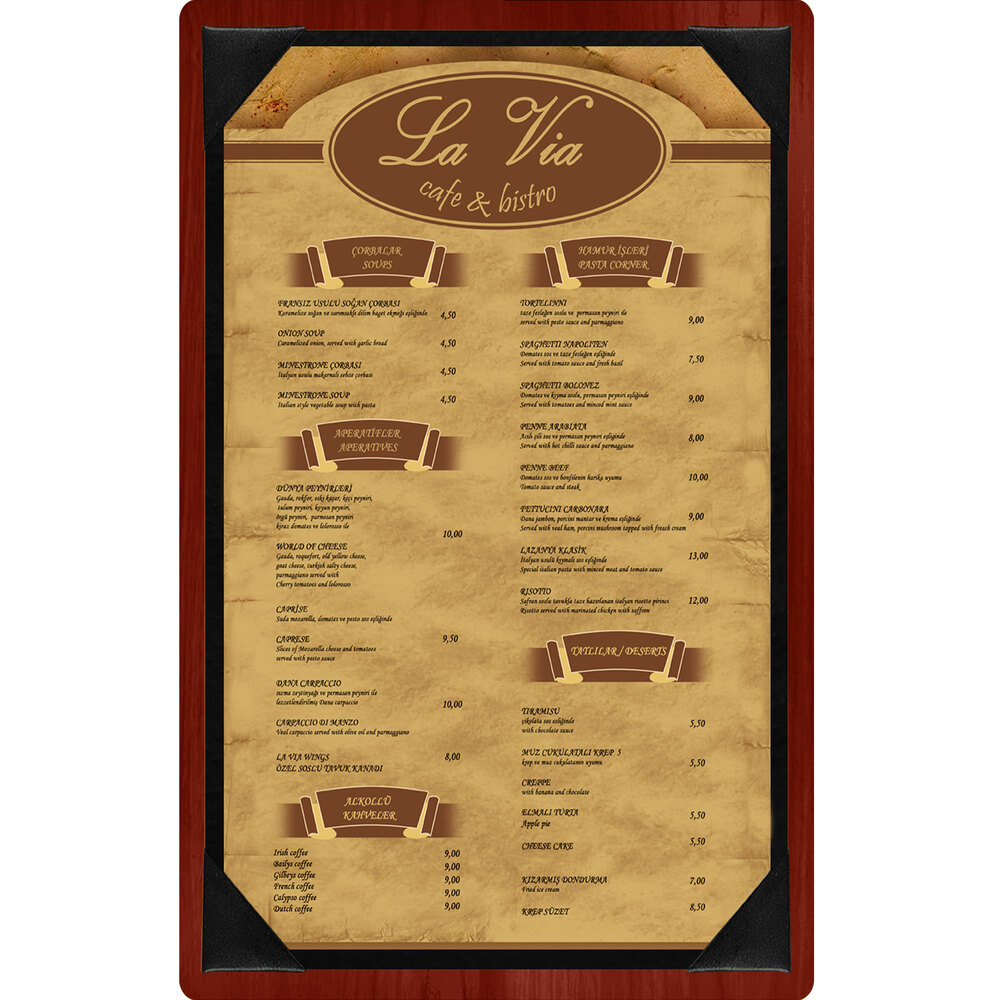 Menu Solutions WDPIX-D Mahogany 8 1/2" x 14" Customizable Wood Menu Board with Picture Corners