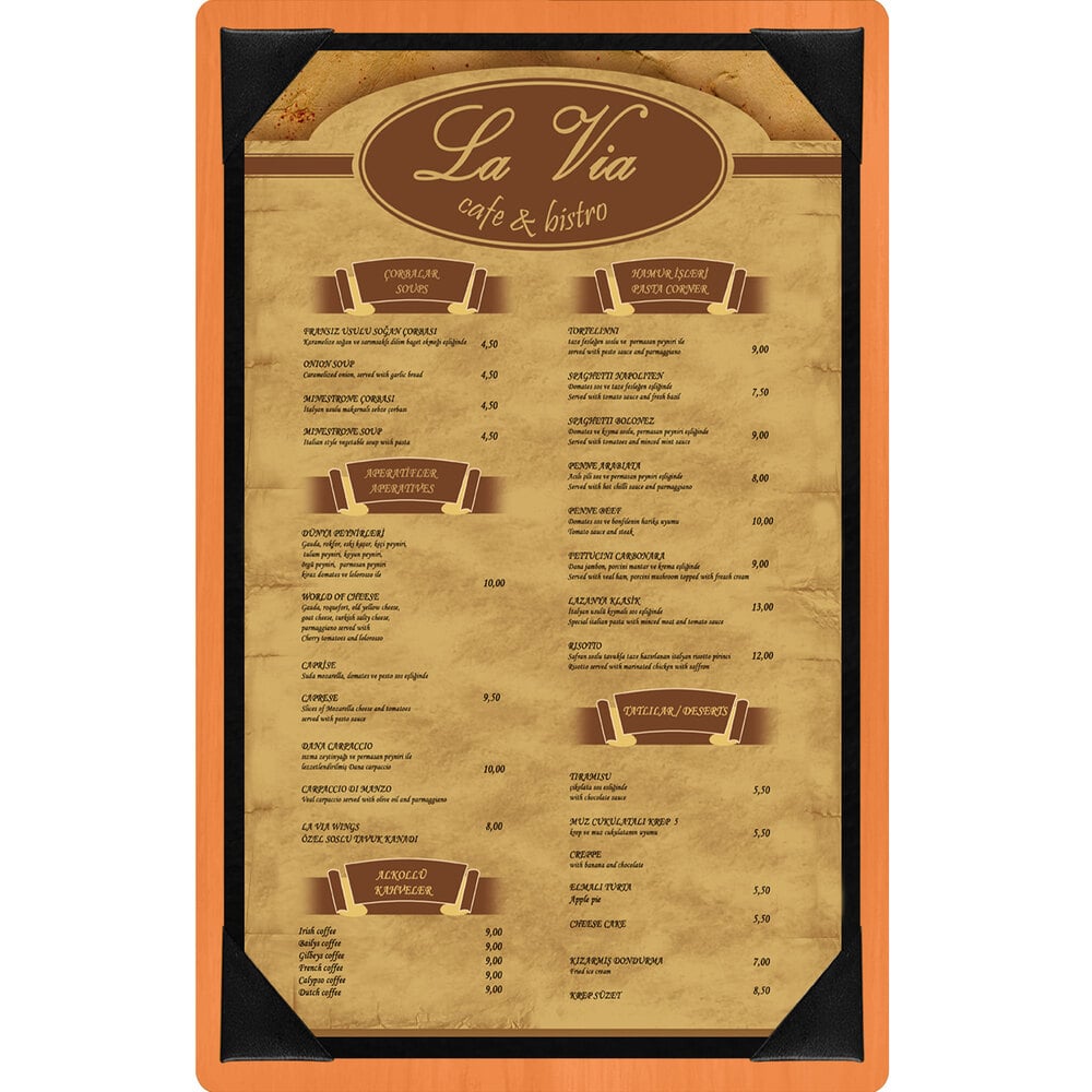 Menu Solutions WDPIX-D Mandarin 8 1/2" x 14" Customizable Wood Menu Board with Picture Corners