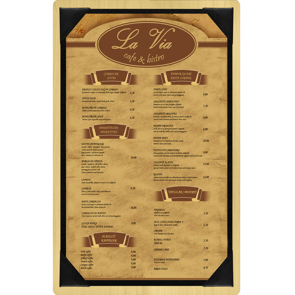 Menu Solutions WDPIX-D Natural 8 1/2" x 14" Customizable Wood Menu Board with Picture Corners