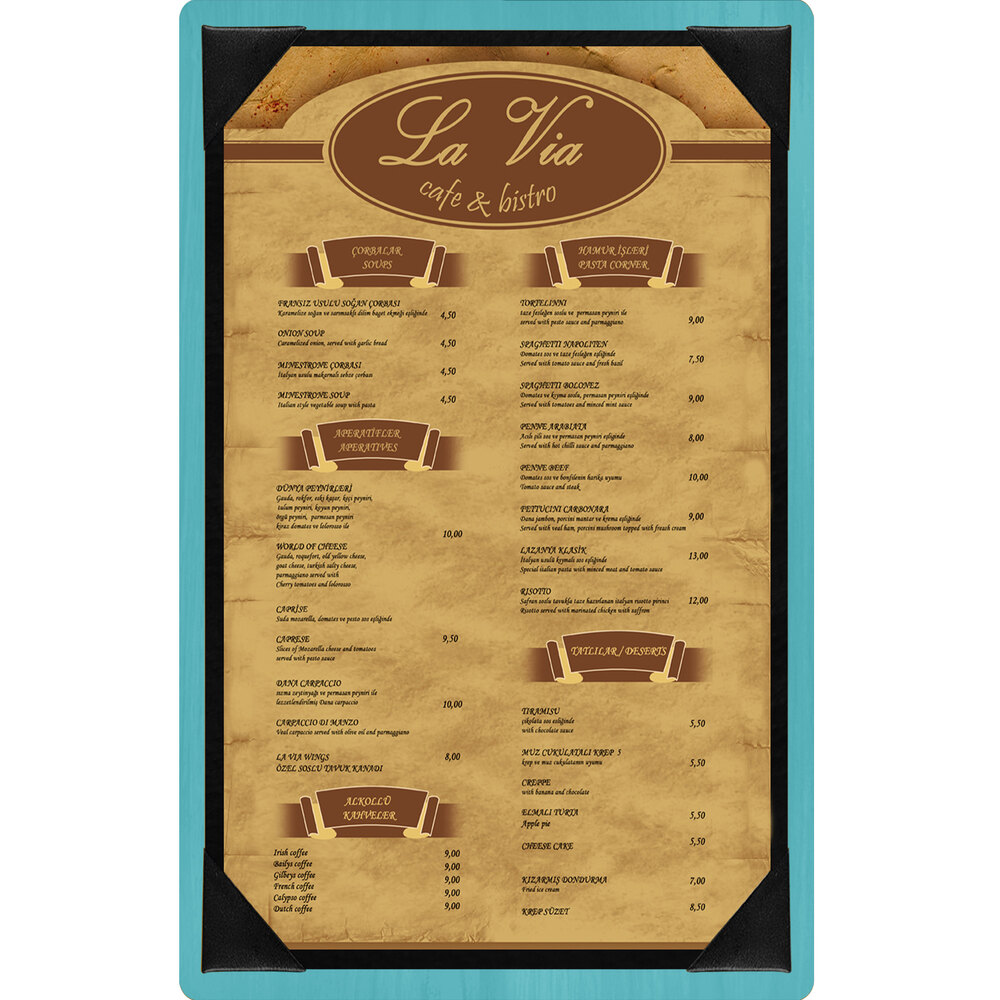 Menu Solutions WDPIX-D Sky Blue 8 1/2" x 14" Customizable Wood Menu Board with Picture Corners