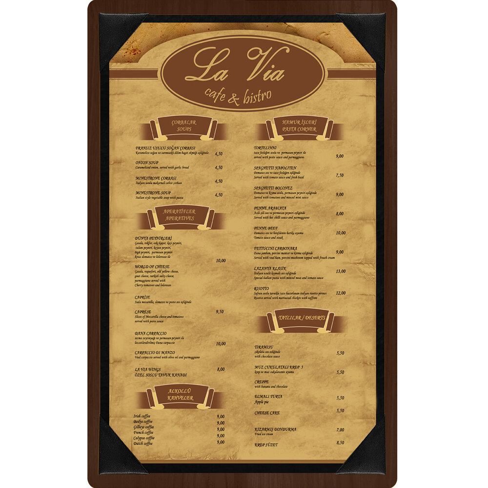 Menu Solutions WDPIX-D Walnut 8 1/2" x 14" Customizable Wood Menu Board with Picture Corners