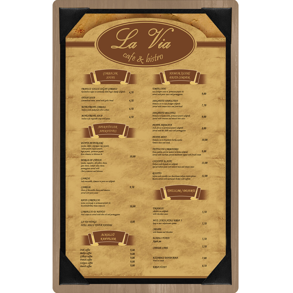 Menu Solutions WDPIX-D Weathered Walnut 8 1/2" x 14" Customizable Wood Menu Board with Picture Corners