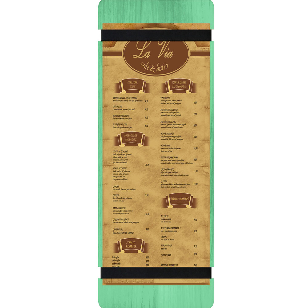 Menu Solutions WDRBB-BD Washed Teal 4 1/4" x 14" Customizable Wood Menu Board with Rubber Band Straps