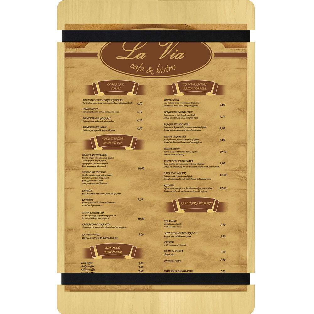 Menu Solutions WDRBB-D Natural 8 1/2" x 14" Customizable Wood Menu Board with Rubber Band Straps