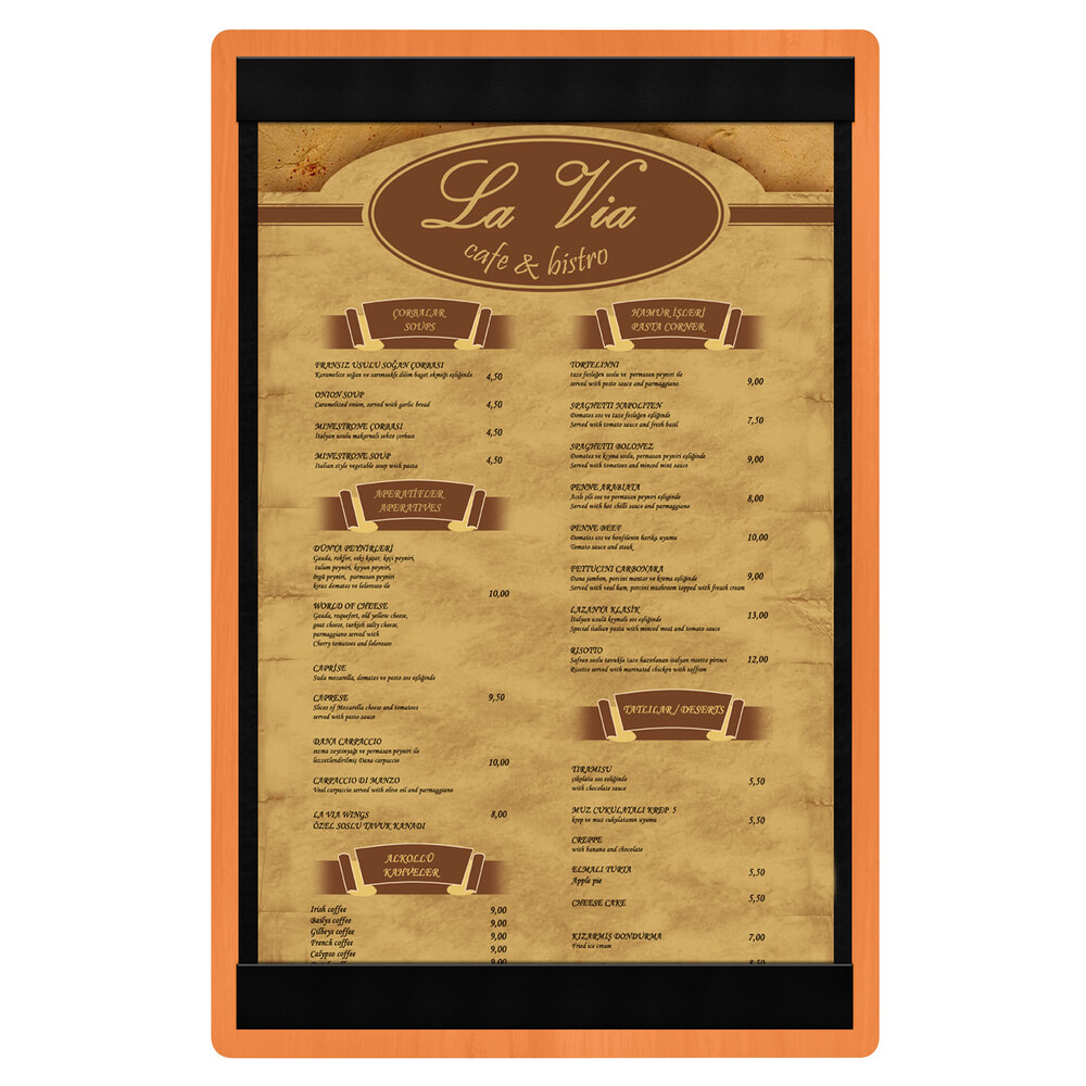 Menu Solutions WDSTR-A Mandarin 5 1/2" x 8 1/2" Customizable Wood Menu Board with Top and Bottom Strips