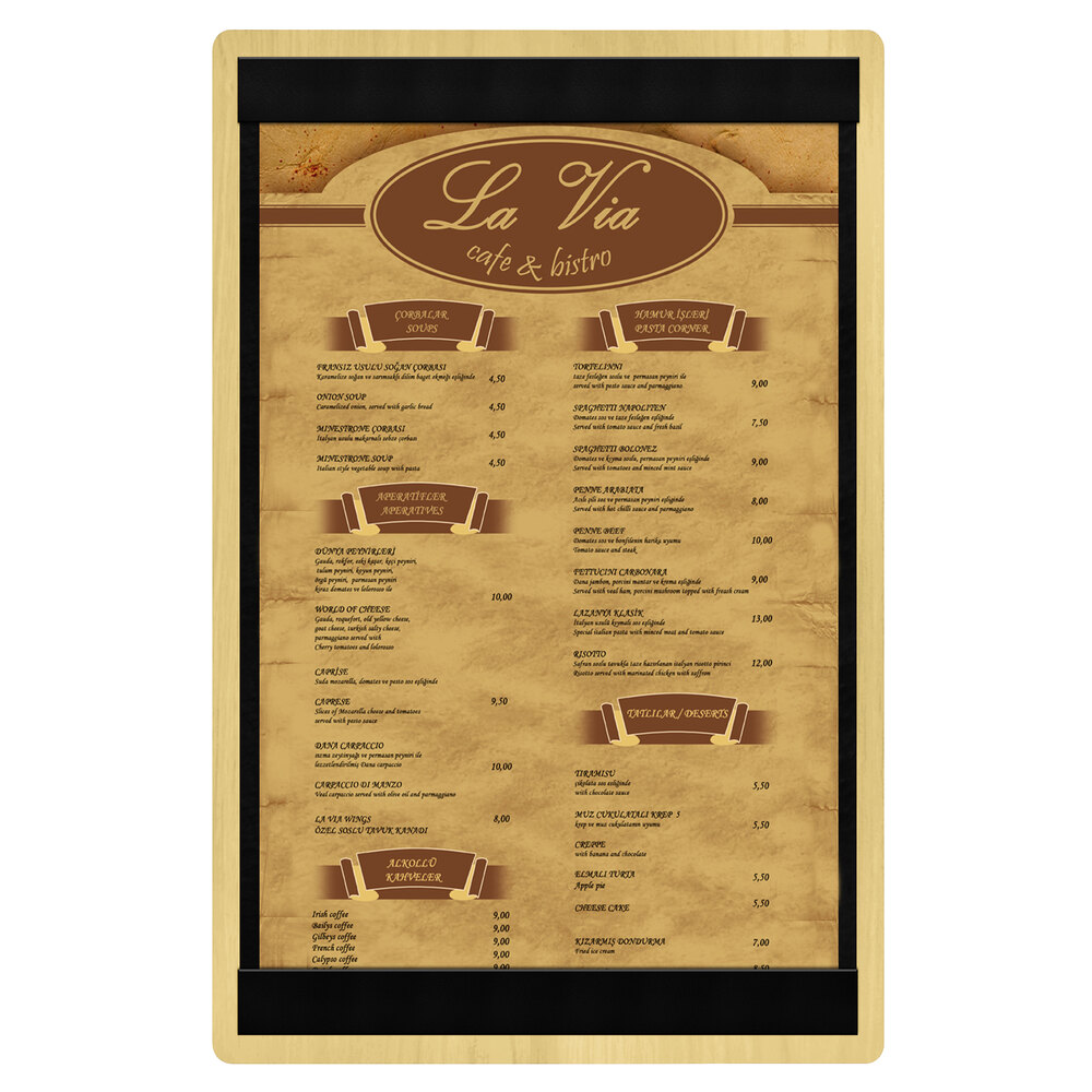 Menu Solutions WDSTR-A Natural 5 1/2" x 8 1/2" Customizable Wood Menu Board with Top and Bottom Strips