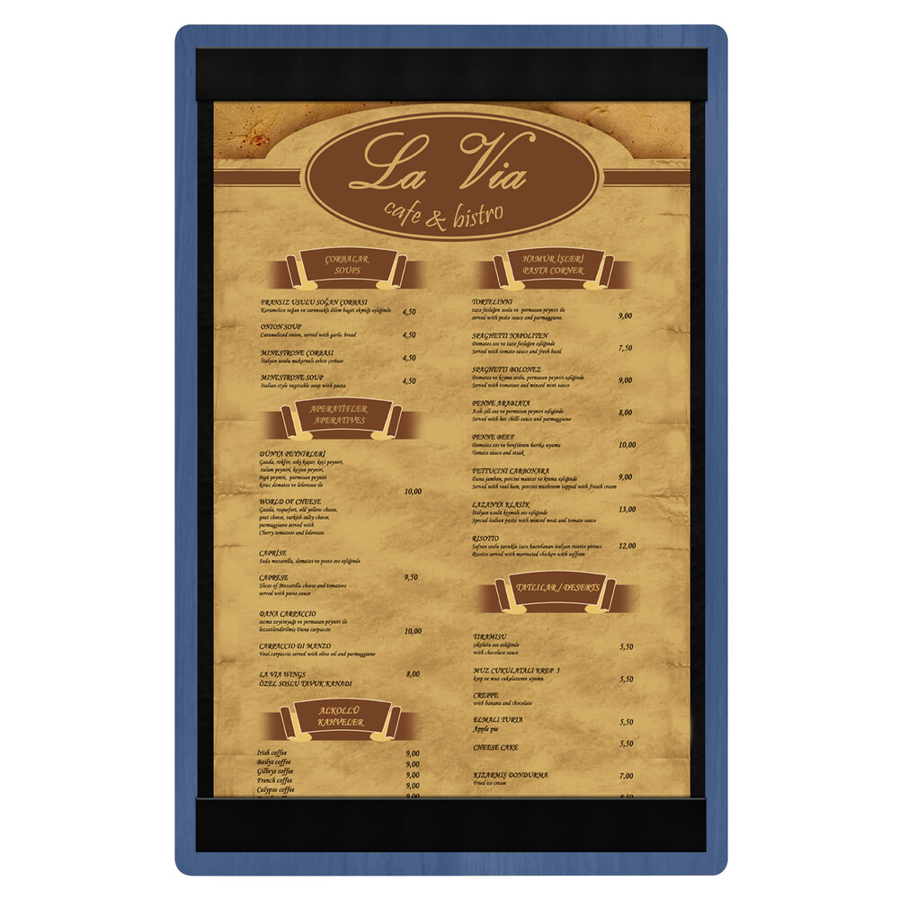 Menu Solutions WDSTR-A True Blue 5 1/2" x 8 1/2" Customizable Wood Menu Board with Top and Bottom Strips