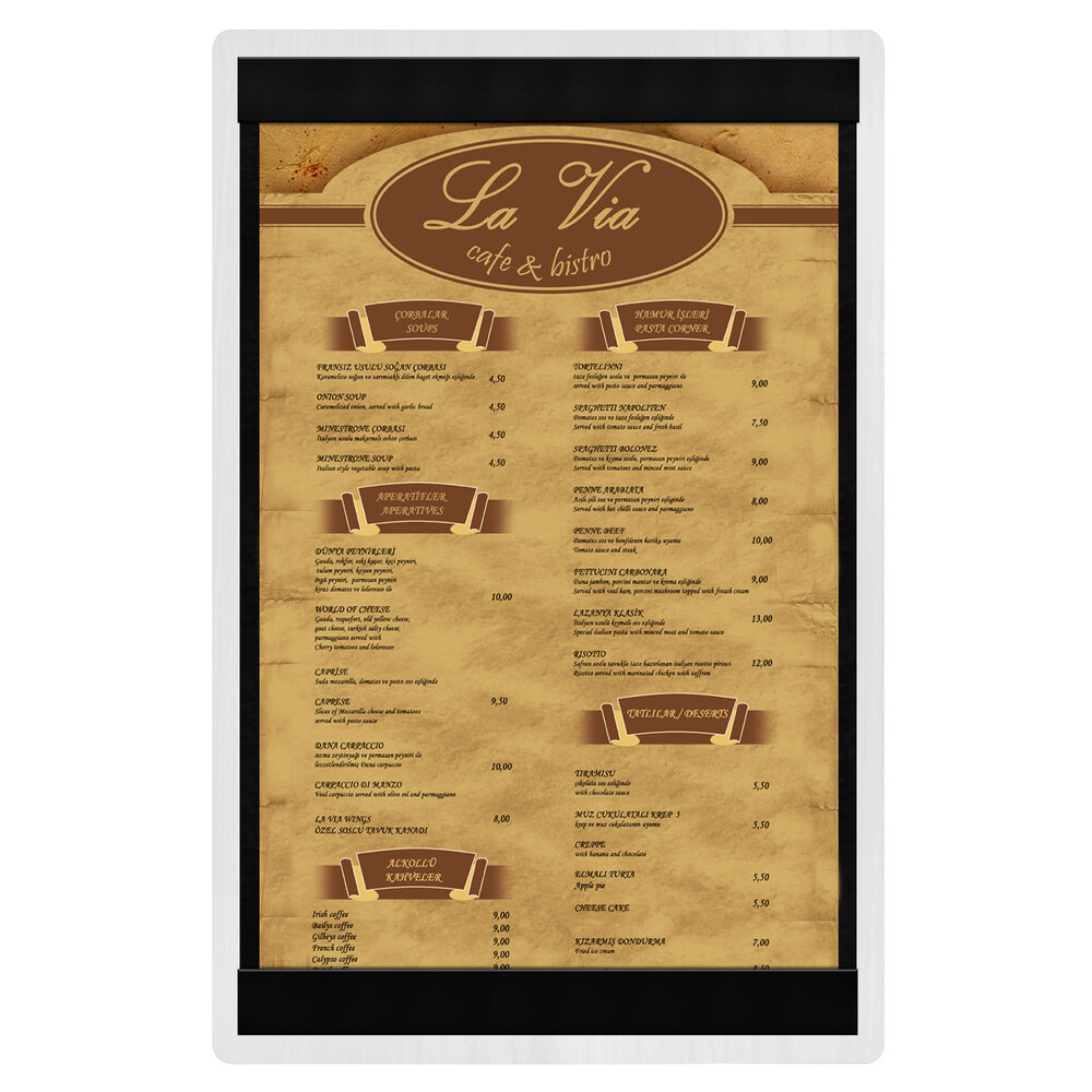 Menu Solutions WDSTR-A White Wash 5 1/2" x 8 1/2" Customizable Wood Menu Board with Top and Bottom Strips