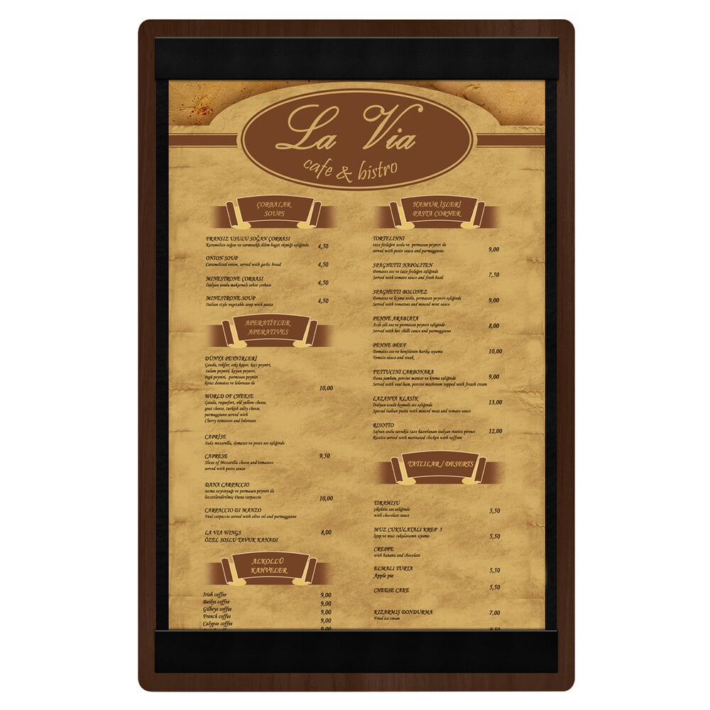 Menu Solutions WDSTR-A Walnut 5 1/2" x 8 1/2" Customizable Wood Menu Board with Top and Bottom Strips