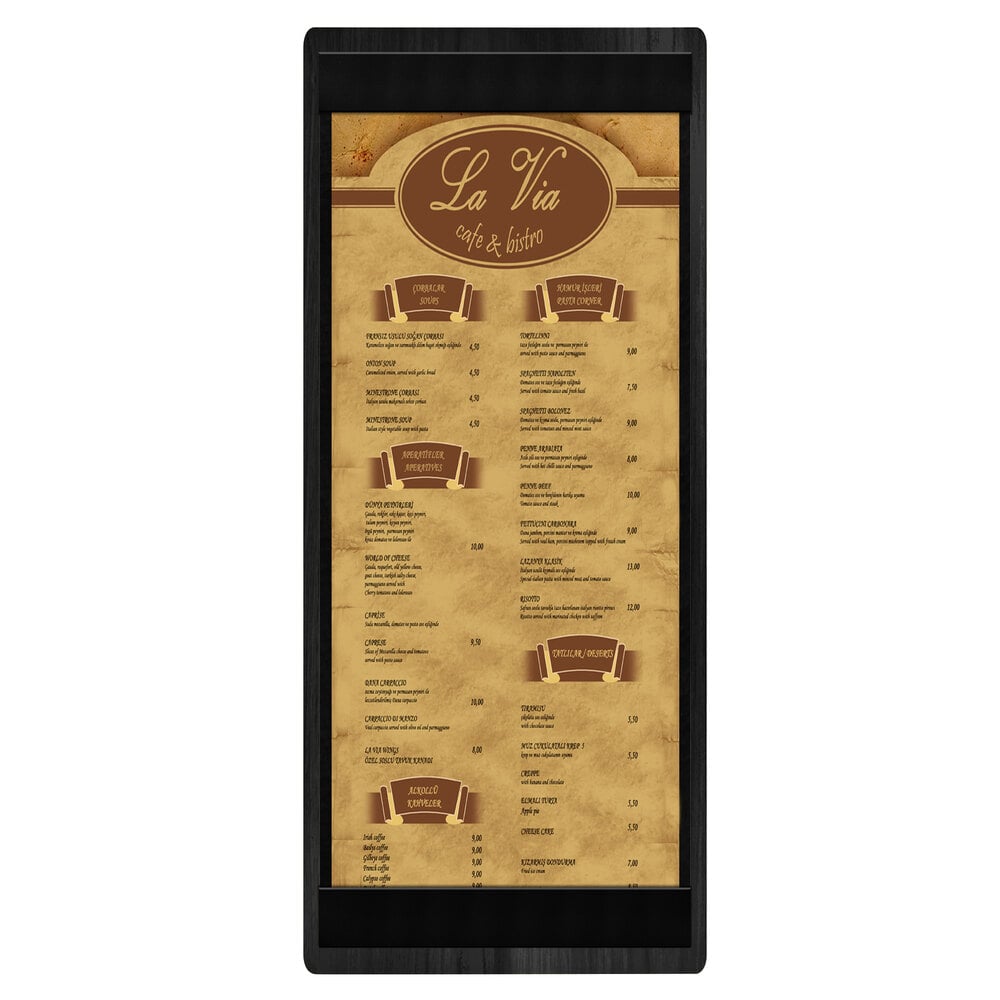 Menu Solutions WDSTR-BA Black 4 1/4" x 11" Customizable Wood Menu Board with Top and Bottom Strips