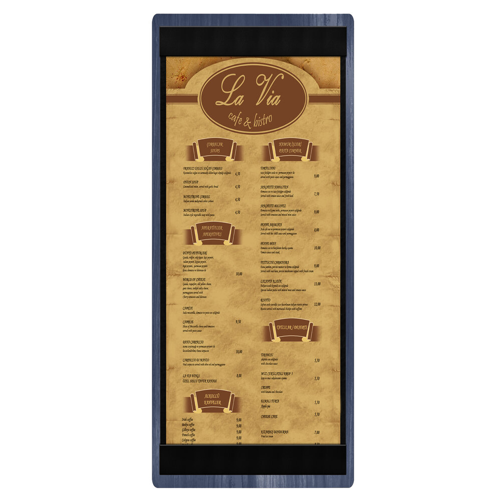 Menu Solutions WDSTR-BA Denim 4 1/4" x 11" Customizable Wood Menu Board with Top and Bottom Strips