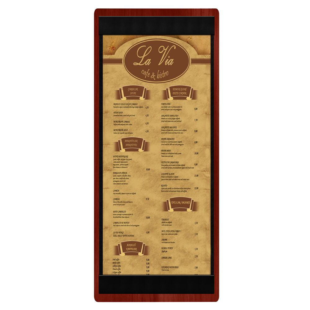 Menu Solutions WDSTR-BA Mahogany 4 1/4" x 11" Customizable Wood Menu Board with Top and Bottom Strips