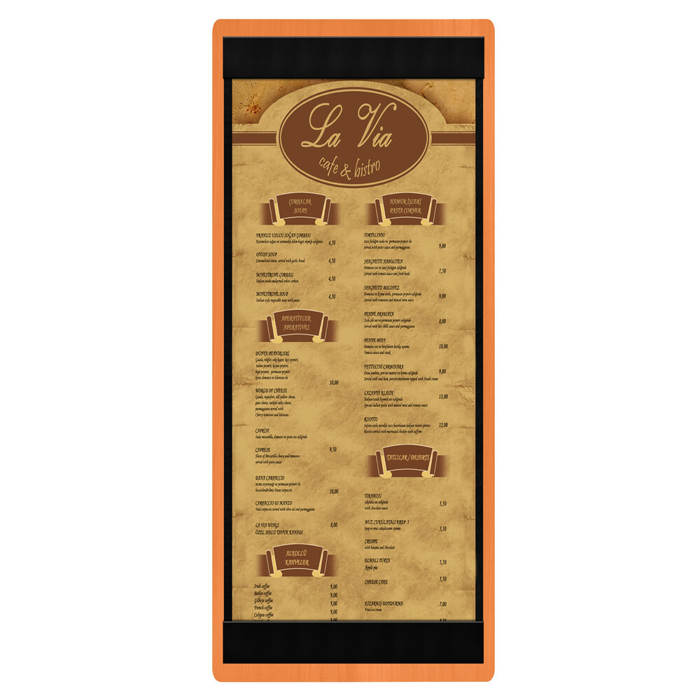 Menu Solutions WDSTR-BA Mandarin 4 1/4" x 11" Customizable Wood Menu Board with Top and Bottom Strips