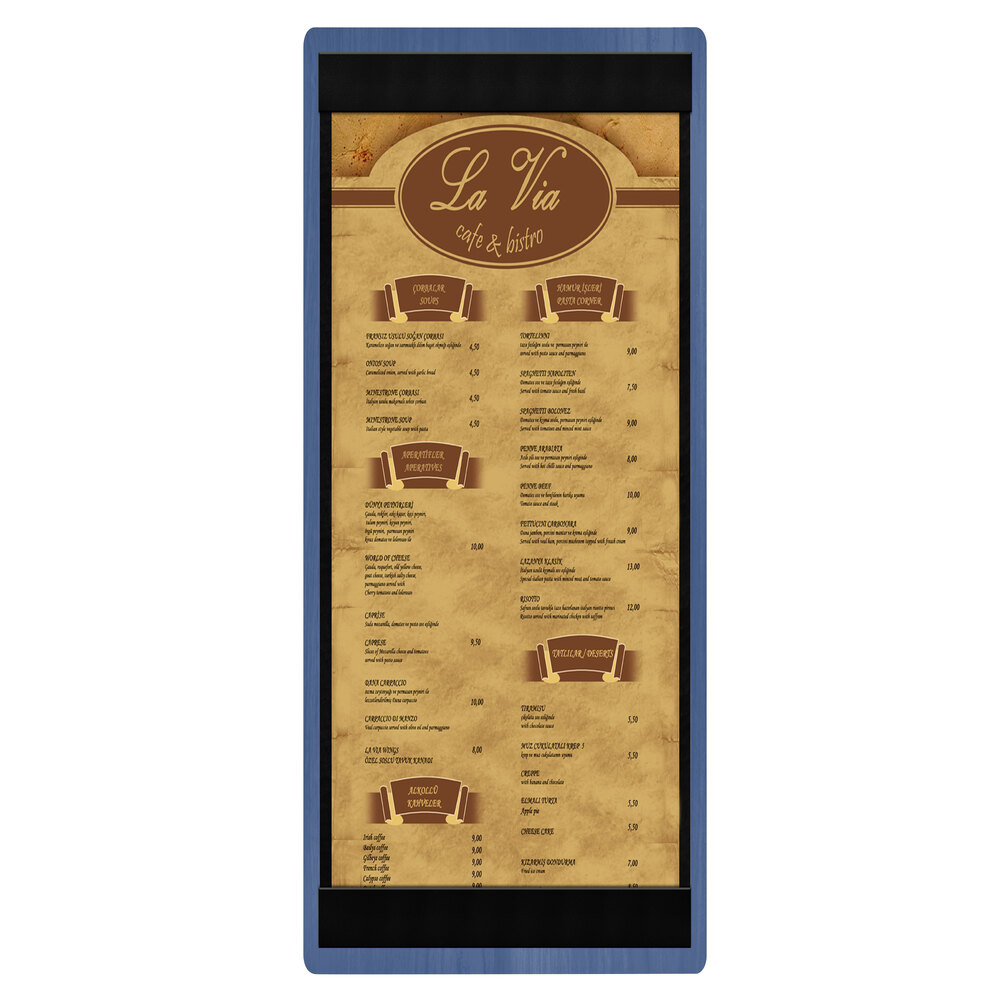 Menu Solutions WDSTR-BA True Blue 4 1/4" x 11" Customizable Wood Menu Board with Top and Bottom Strips