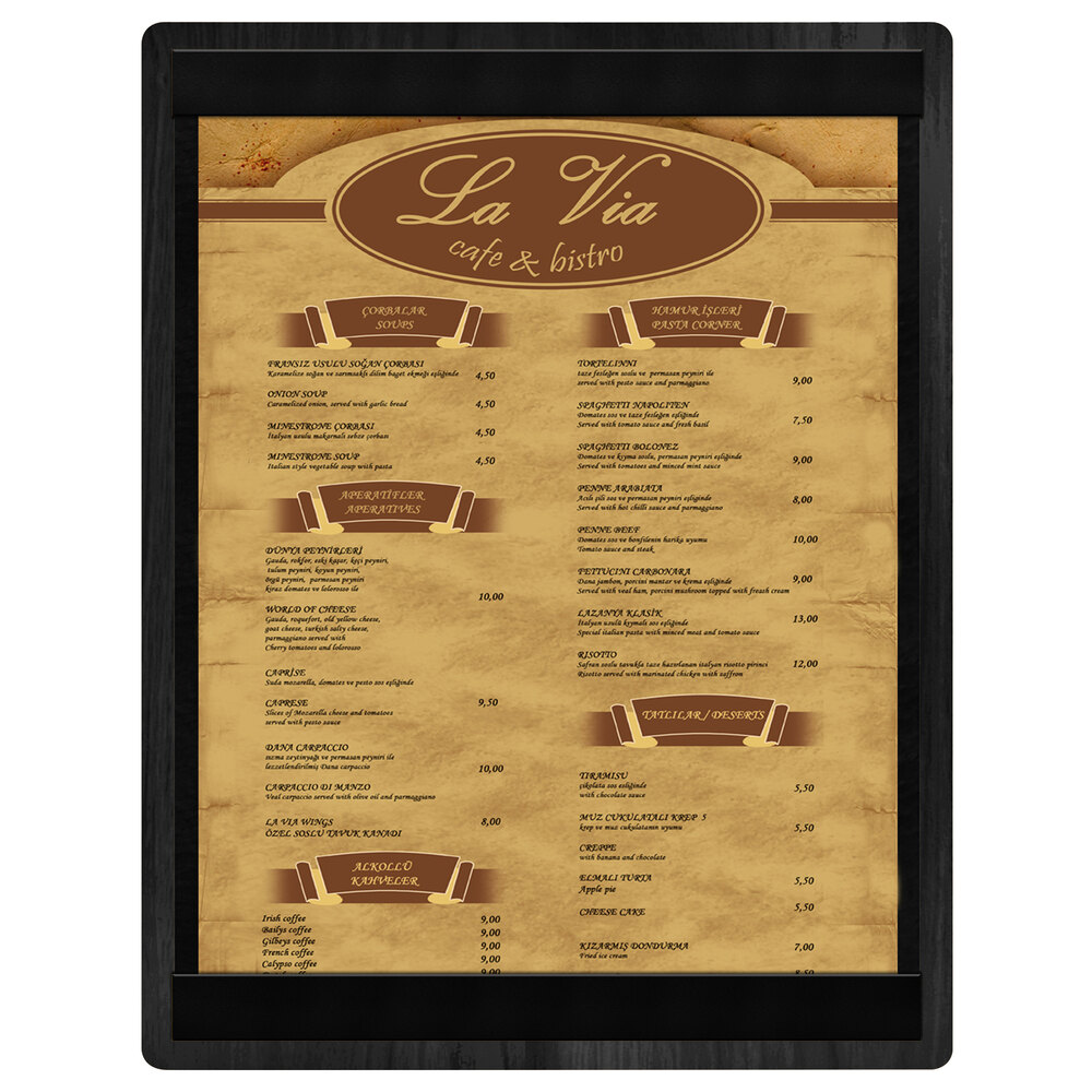Menu Solutions WDSTR-C Black 8 1/2" x 11" Customizable Wood Menu Board with Top and Bottom Strips