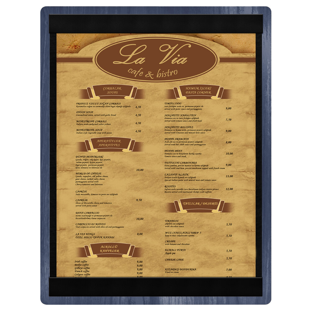 Menu Solutions WDSTR-C Denim 8 1/2" x 11" Customizable Wood Menu Board with Top and Bottom Strips