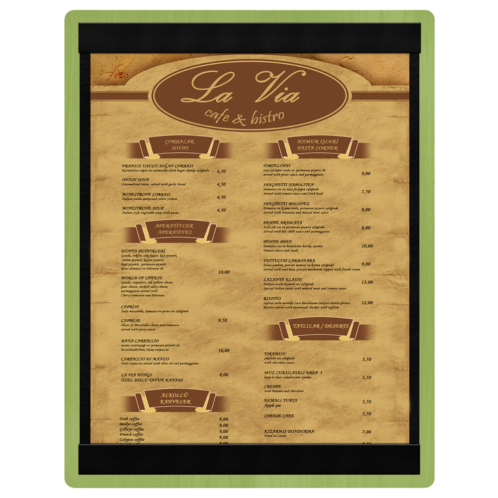 Menu Solutions WDSTR-C Lime 8 1/2" x 11" Customizable Wood Menu Board with Top and Bottom Strips