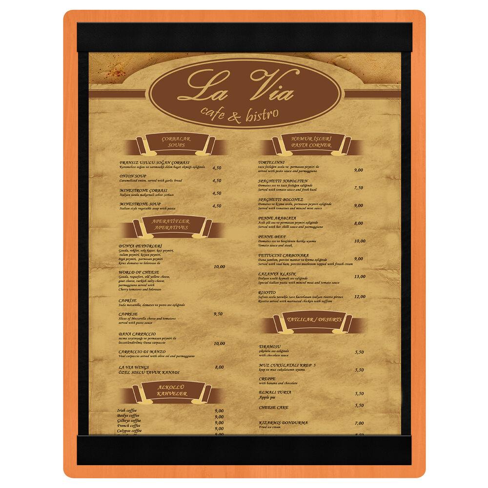 Menu Solutions WDSTR-C Mandarin 8 1/2" x 11" Customizable Wood Menu Board with Top and Bottom Strips