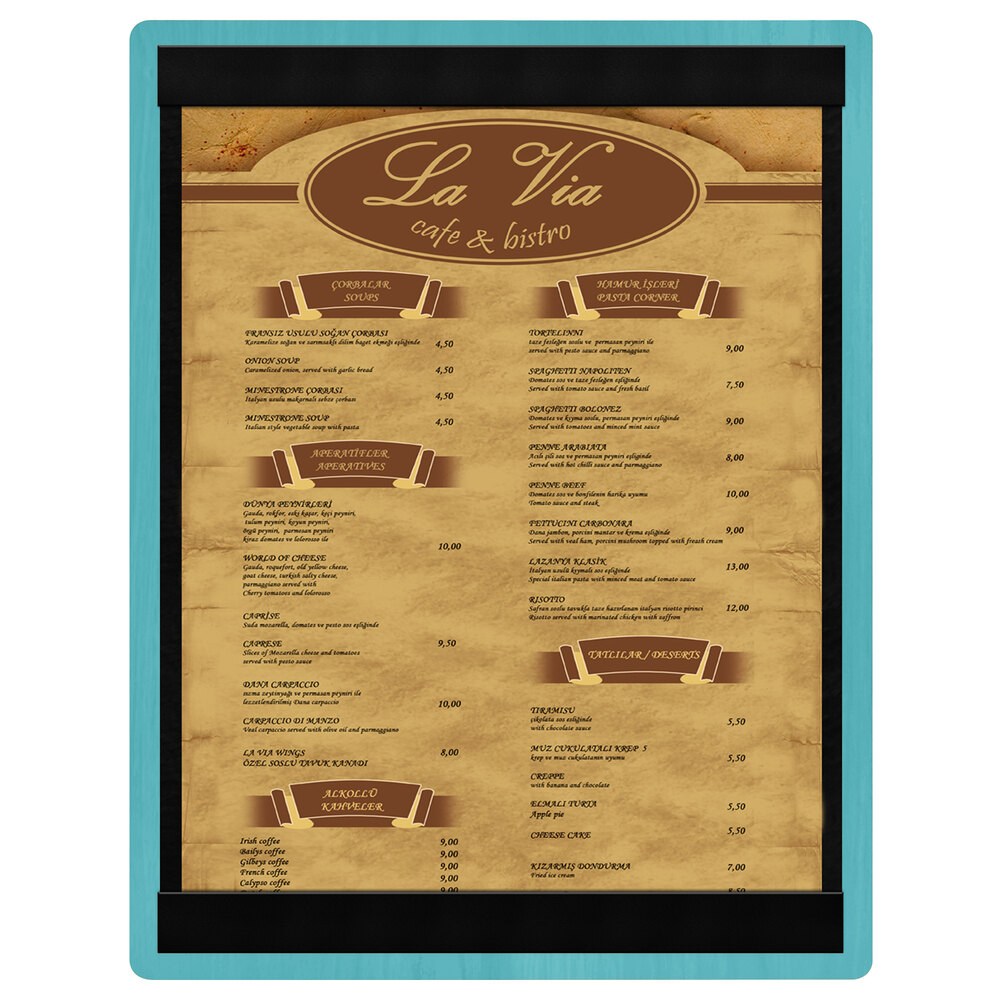 Menu Solutions WDSTR-C Sky Blue 8 1/2" x 11" Customizable Wood Menu Board with Top and Bottom Strips