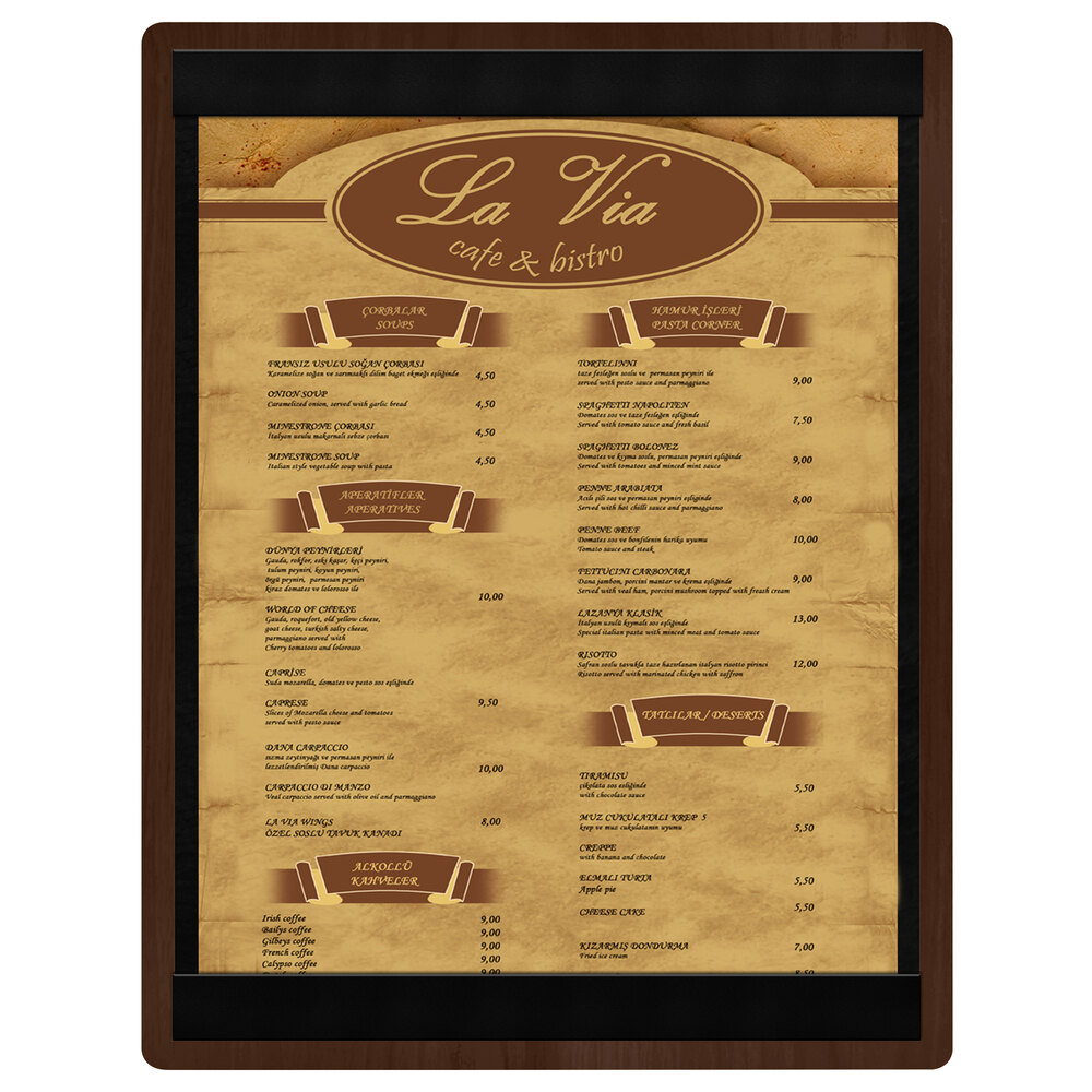 Menu Solutions WDSTR-C Walnut 8 1/2" x 11" Customizable Wood Menu Board with Top and Bottom Strips