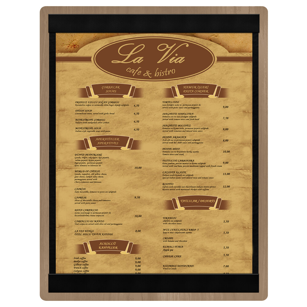 Menu Solutions WDSTR-C Weathered Walnut 8 1/2" x 11" Customizable Wood Menu Board with Top and Bottom Strips