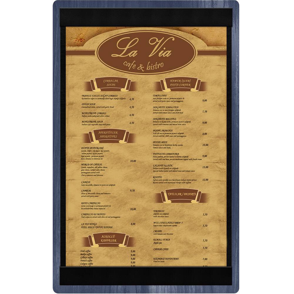 Menu Solutions WDSTR-D Denim 8 1/2" x 14" Customizable Wood Menu Board with Top and Bottom Strips