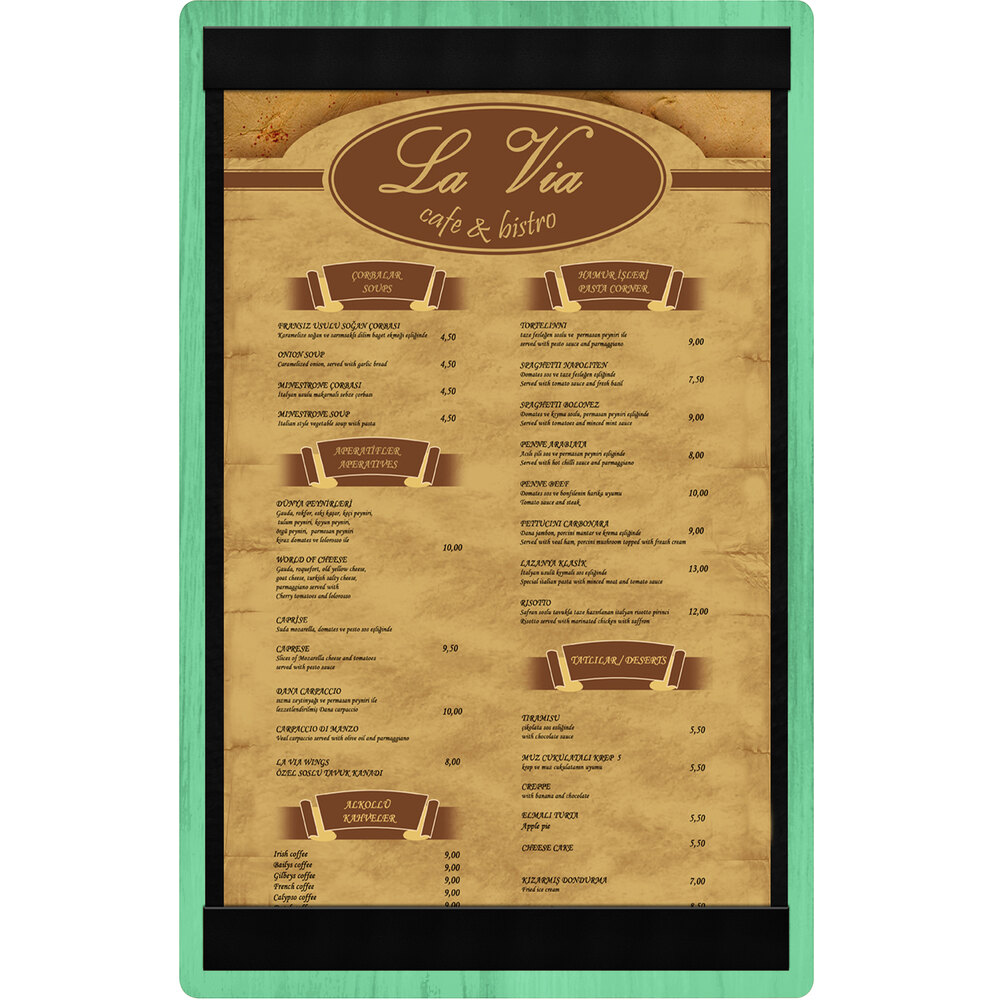 Menu Solutions WDSTR-D Washed Teal 8 1/2" x 14" Customizable Wood Menu Board with Top and Bottom Strips