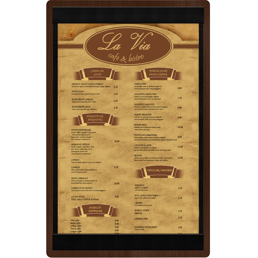 Menu Solutions WDSTR-D Walnut 8 1/2" x 14" Customizable Wood Menu Board with Top and Bottom Strips