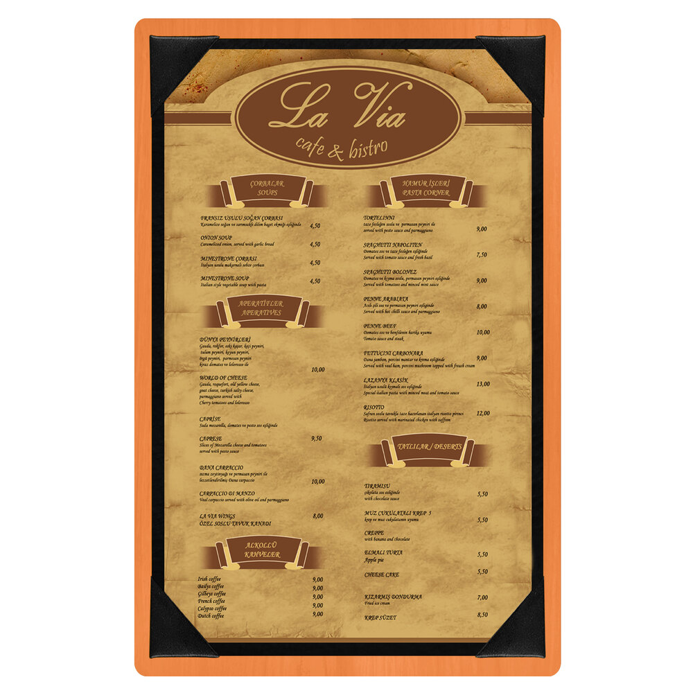 Menu Solutions WDPIX-A Mandarin 5 1/2" x 8 1/2" Customizable Wood Menu Board with Picture Corners