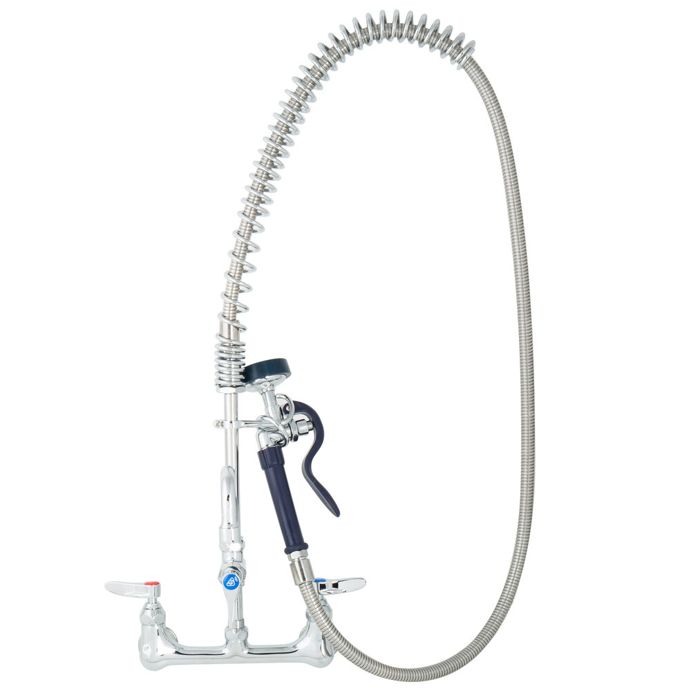 T&S PB-8WOSN06PZLUA Wall Mount Pet Grooming 30 3/4" High Pre-Rinse Faucet with Adjustable 8" Centers, 72" Hose, 6" Add-On Faucet, and Installation Kit