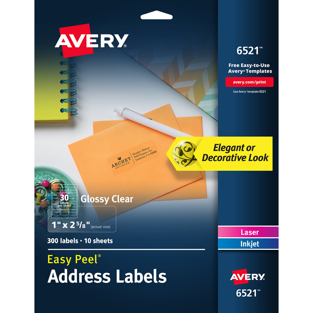 Avery® 06521 Easy Peel 1" x 2 5/8" Glossy Clear Address Labels - 300/Pack