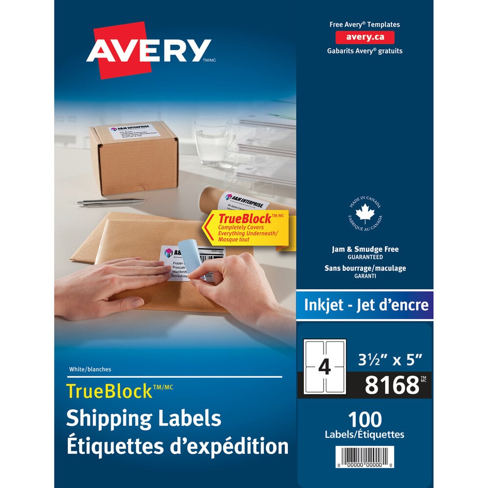 Avery® 08168 TrueBlock 3 1/2" x 5" White Permanent Inkjet Shipping Label - 100/Pack