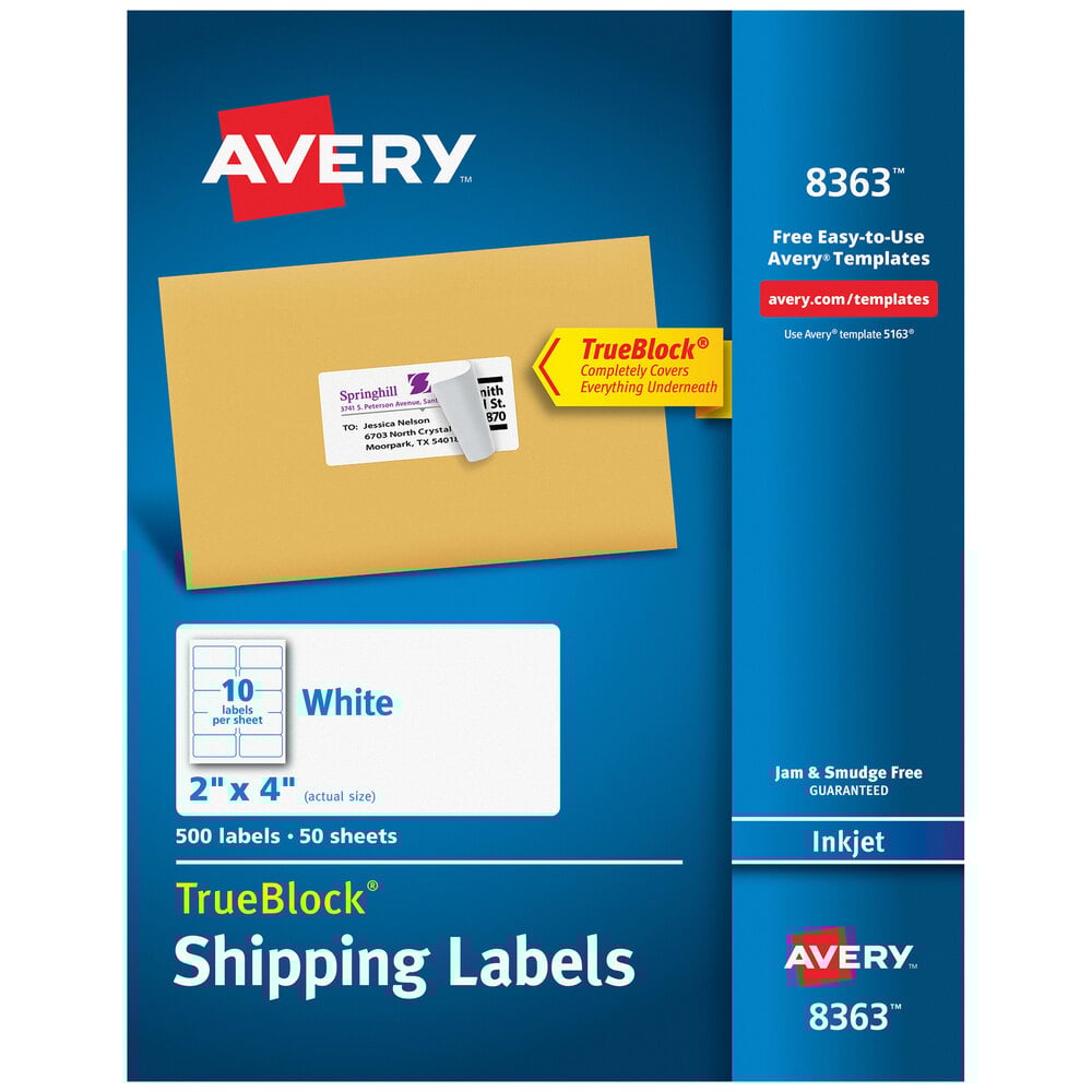 Avery® 08363 TrueBlock 2" x 4" White Permanent Inkjet Shipping Label - 500/Box