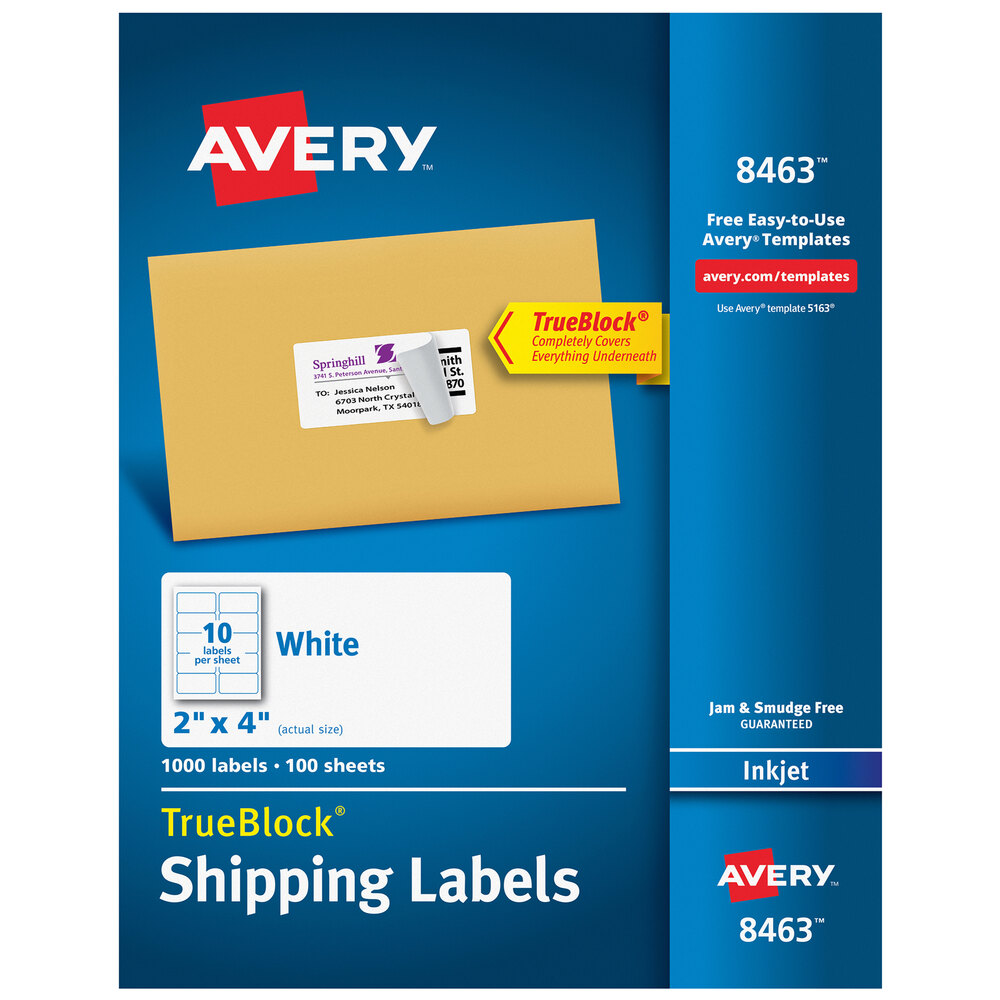 Avery® 08463 TrueBlock 2" x 4" White Permanent Inkjet Shipping Label - 1,000/Box