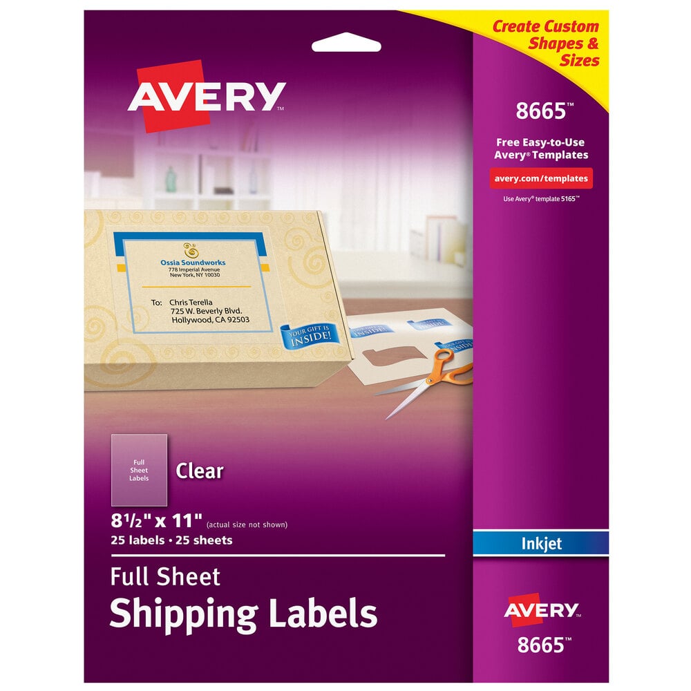 Avery® 08665 8 1/2" x 11" Clear Full Sheet Shipping Labels - 25/Pack