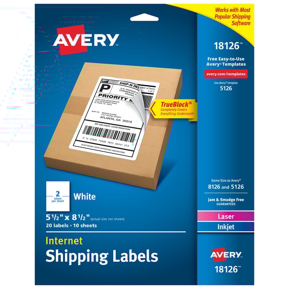 Avery® 18126 TrueBlock 5 1/2" x 8 1/2" Internet Shipping Labels - 20/Pack