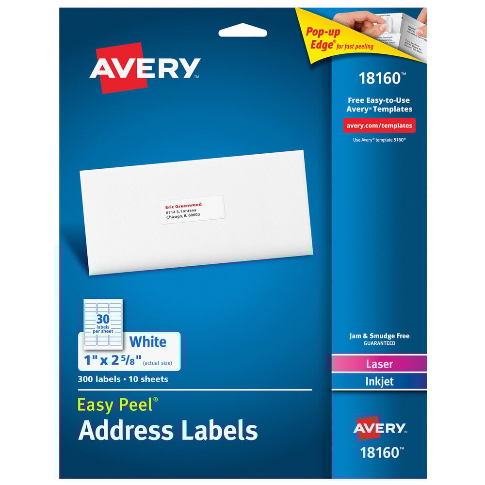 Avery® 18160 Easy Peel 1" x 2 5/8" White Sure Feed Address Labels - 300/Pack