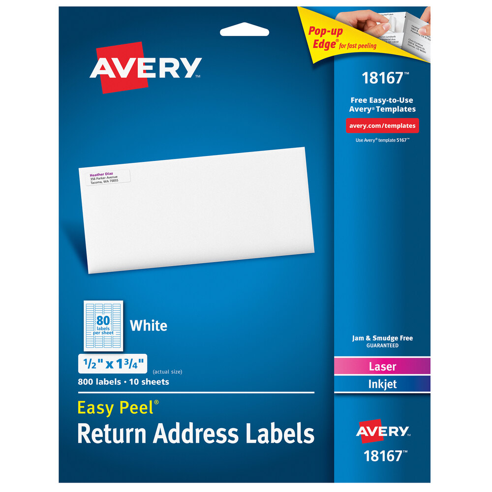Avery® 18167 Easy Peel 1/2" x 1 3/4" White Sure Feed Return Address Labels - 800/Pack