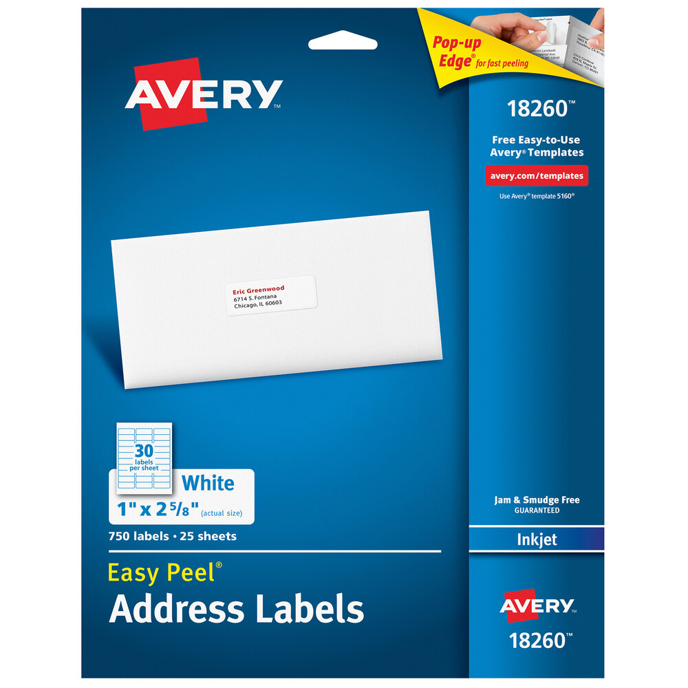 Avery® 18260 Easy Peel 1" x 2 5/8" White Sure Feed Address Labels - 750/Pack