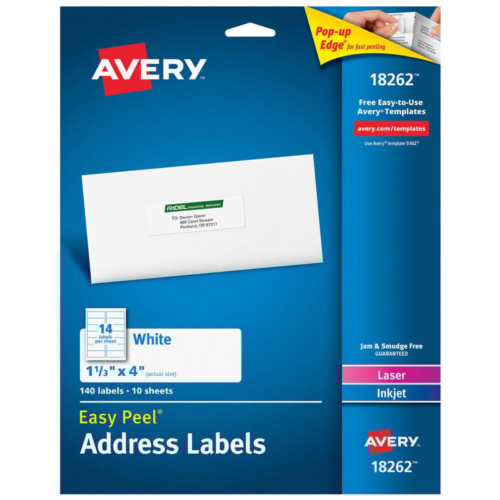 Avery® 18262 Easy Peel 1 1/3" x 4" White Sure Feed Address Labels - 140/Pack