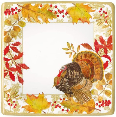 Caspari Square Paper Salad/Dessert Plates, Woodland Turkey - 2 Packs (17110SP)