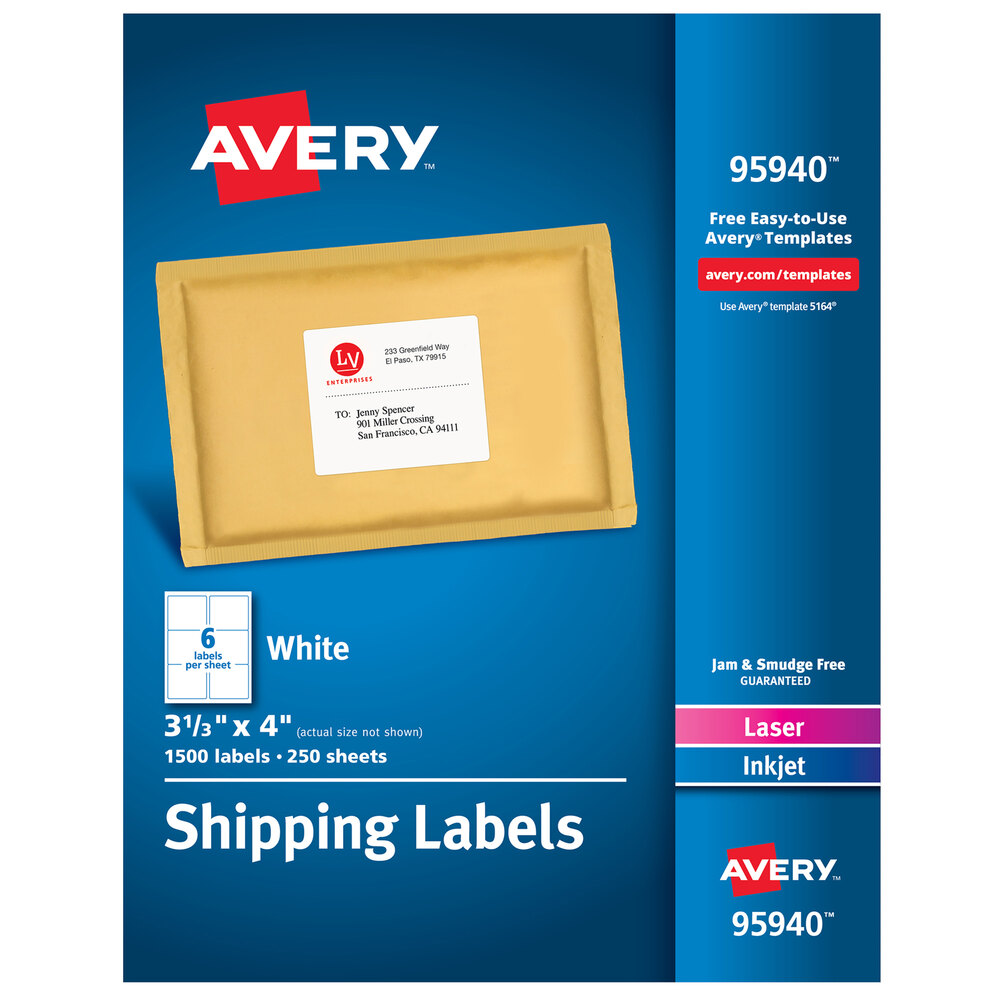 Avery® 95940 3 1/3" x 4" White Permanent Printable Bulk Shipping Label - 1,500/Box