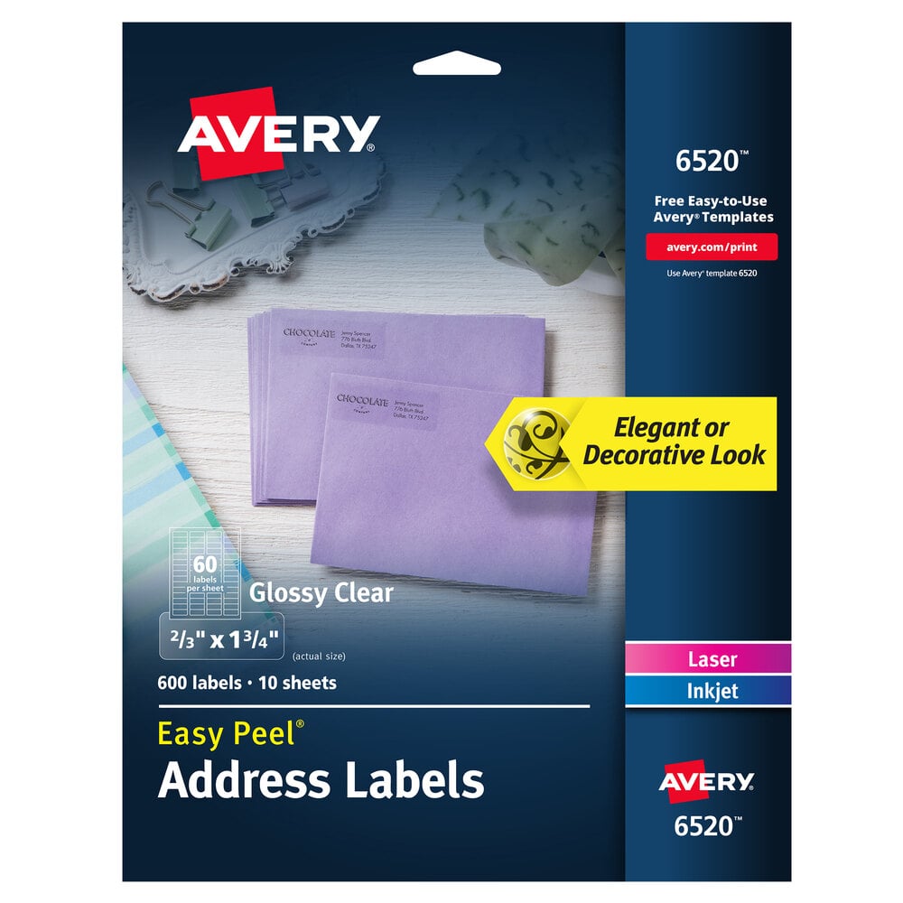 Avery® 06520 2/3" x 1 3/4" Glossy Clear Easy Peel Permanent Printable Address Label - 600/Pack