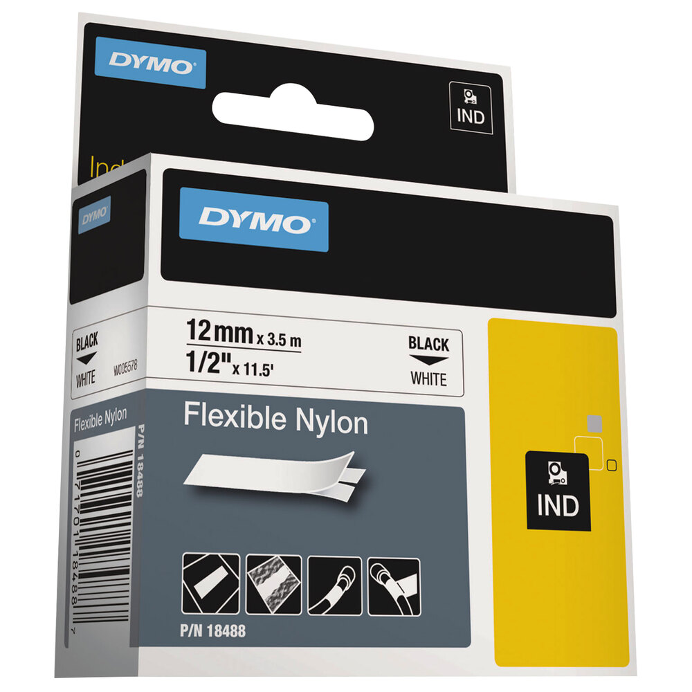 DYMO 18488 Rhino 1/2" x 11 1/2' Black on White Flexible Nylon Industrial Label Tape