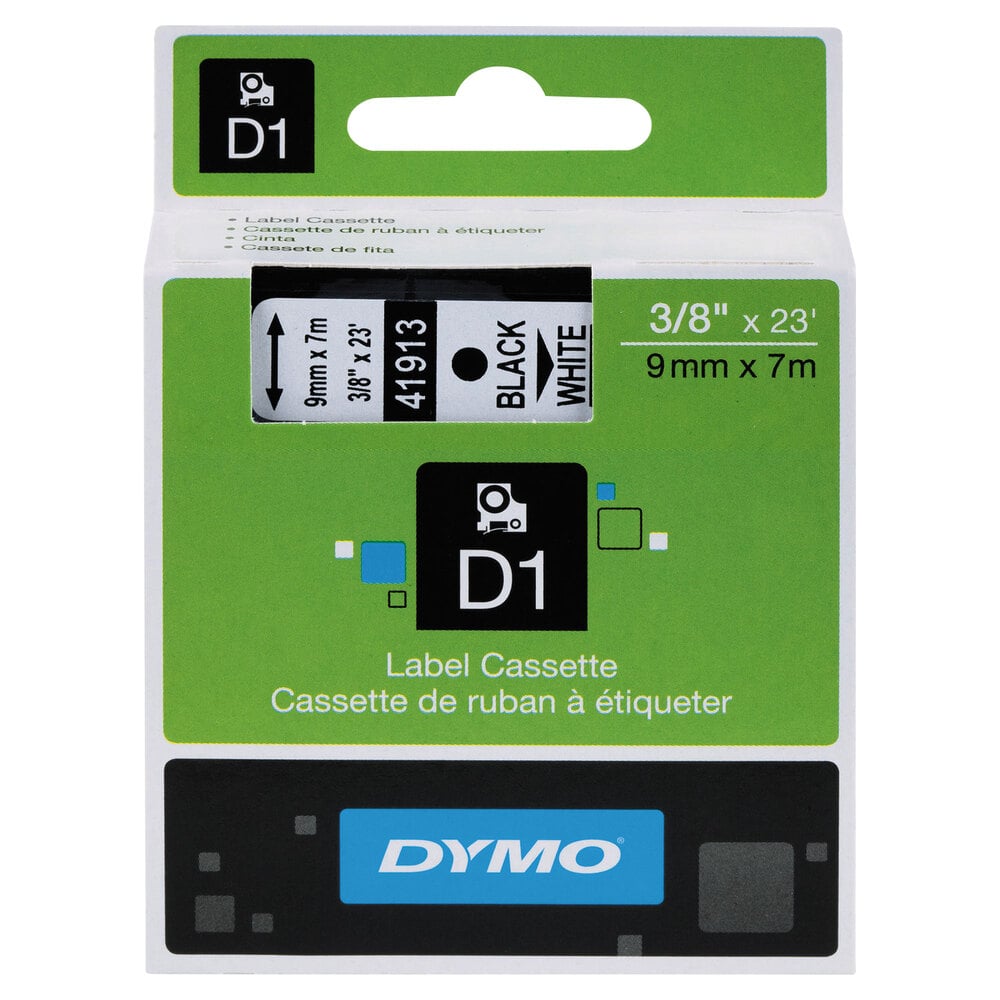 DYMO 41913 D1 3/8" x 23' Black on White High-Performance Polyester Removable Label Tape