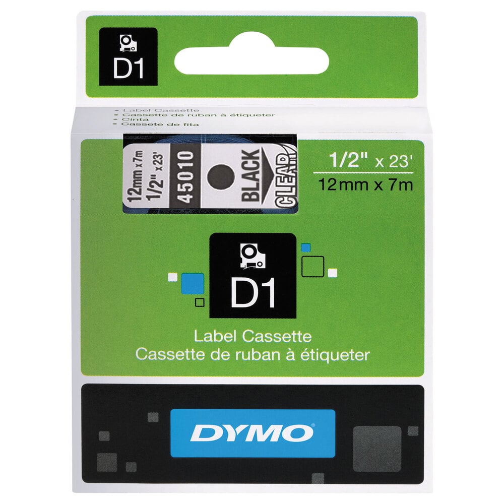 DYMO 45010 D1 1/2" x 23' Black on Clear High-Performance Polyester Removable Label Tape