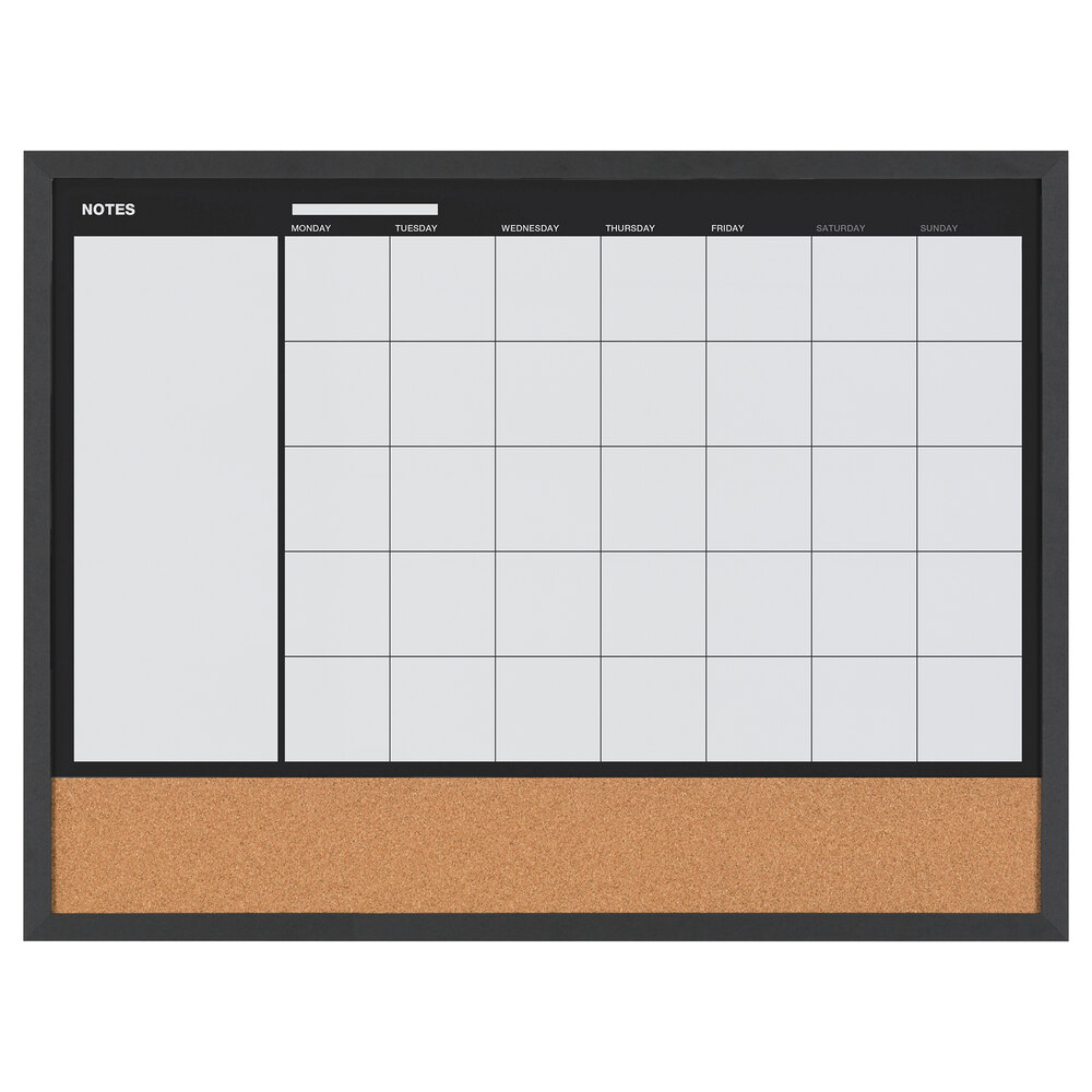 MasterVision MX04511161 24" x 17" Magnetic Monthly Lacquered Steel Dry Erase / Cork Board with Black Wood Frame