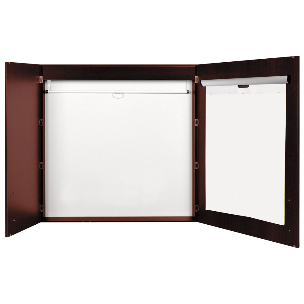 MasterVision CAB01010130 New Classic 48" x 48" 3-in-1 Cherry Laminate Porcelain Whiteboard Conference Cabinet with Projection Screen