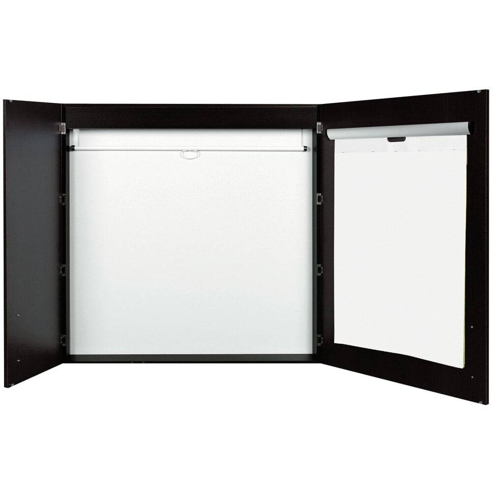 MasterVision CAB01010143 New Classic 48" x 48" 3-in-1 Ebony Laminate Porcelain Whiteboard Conference Cabinet with Projection Screen