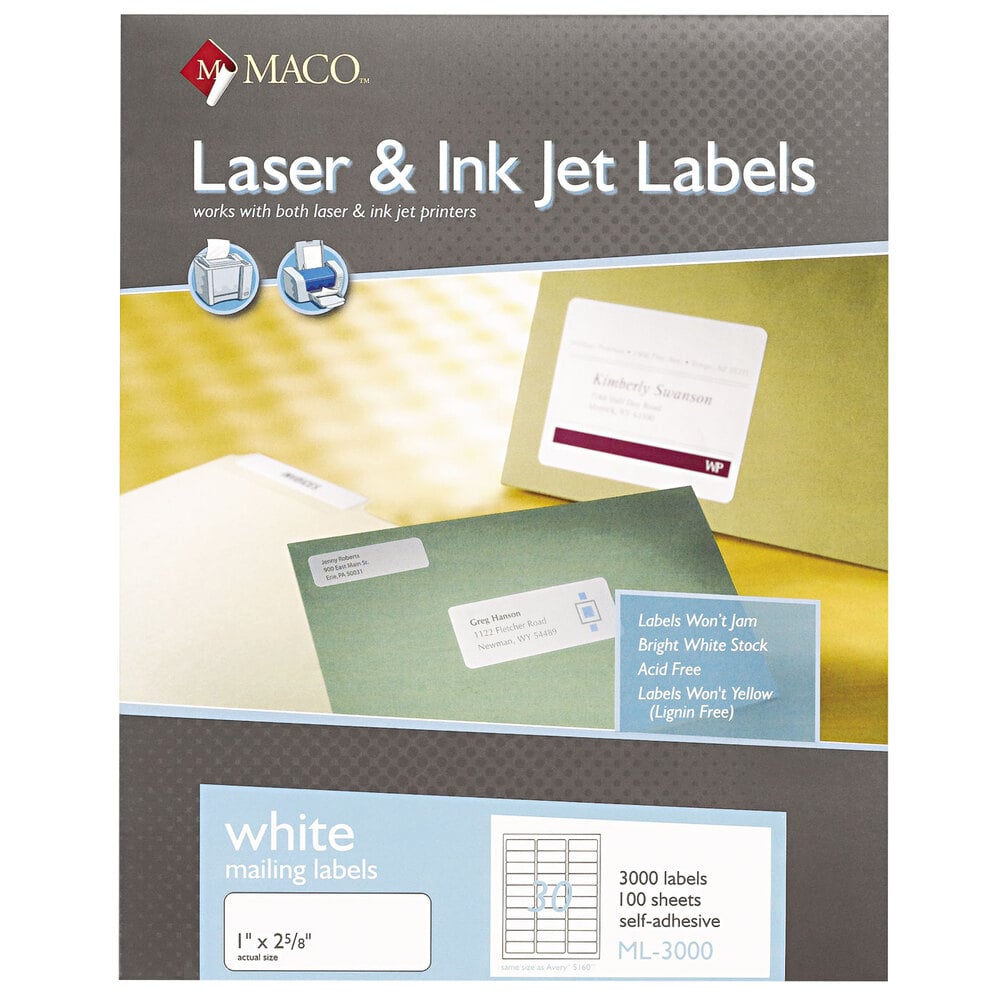 MACO ML3000 Laser / Inkjet 1" x 2 5/8" White Shipping and Address Labels - 3,000/Box